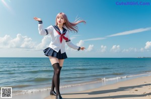 A woman in a school uniform standing on a beach.